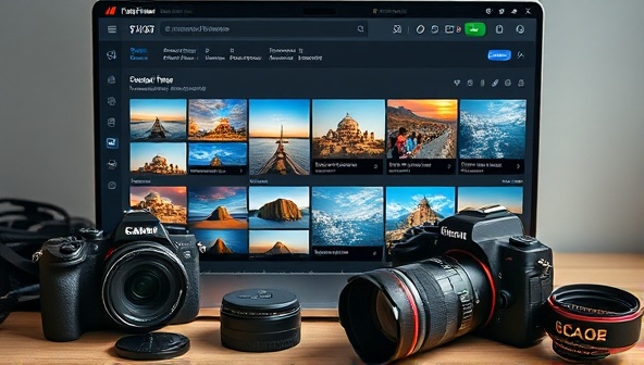 An online photography course dashboard displaying a series of captivating travel photos with editing tools and tutorials, accompanied by a digital camera and photography accessories, creating an immersive learning environment for aspiring travel photographers.