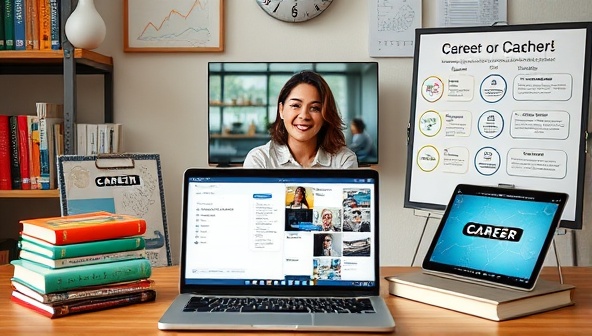 A virtual career coaching session setup with a remote worker receiving personalized career advice and job search tips on a video call, surrounded by career development books, a laptop showing job listings, and a vision board with professional goals, symbolizing career growth and transition coaching for remote workers.