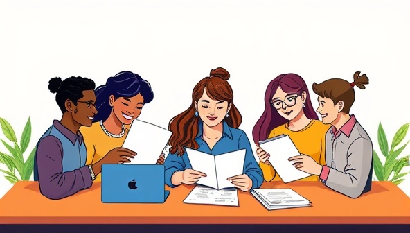 An illustration of a diverse group of gig workers collaborating on financial documents with the help of GigAcco's specialized accounting services, showcasing inclusivity and tailored support for freelancers in the gig economy.