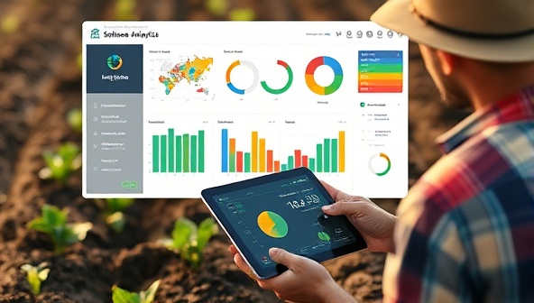 An AI-powered soil analysis dashboard displaying colorful graphs and data visualizations of soil health metrics, with a farmer reviewing the insights on a tablet device, showcasing the innovative technology and data-driven approach of SoilSense Analytics in agriculture.