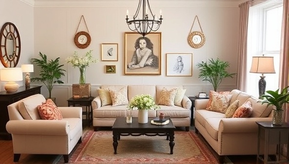 An inviting image featuring a beautifully decorated living room with handmade decor pieces created from the DIY kits, showcasing the personalized touch and creative possibilities of the Craftopia Creations kits.