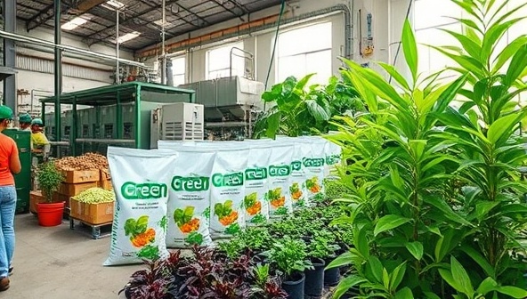 An eco-friendly production facility with workers processing organic waste into nutrient-rich fertilizers, a line of branded plant-based fertilizer bags ready for distribution, and a lush garden thriving with plants fertilized by GreenGrow Solutions products, emphasizing sustainability and natural growth enhancement.