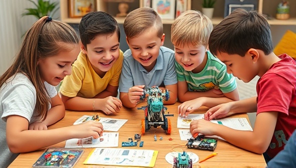 A group of enthusiastic kids assembling a robotic project from an interactive STEM kit, surrounded by colorful experiment materials and educational guides, creating a fun and engaging learning environment that sparks curiosity and creativity.