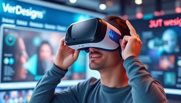 An individual wearing a VR headset, exploring a visually stunning and interactive virtual reality representation of a website design, surrounded by digital elements and futuristic visuals, highlighting the immersive and innovative nature of the VRDesign Realm platform.