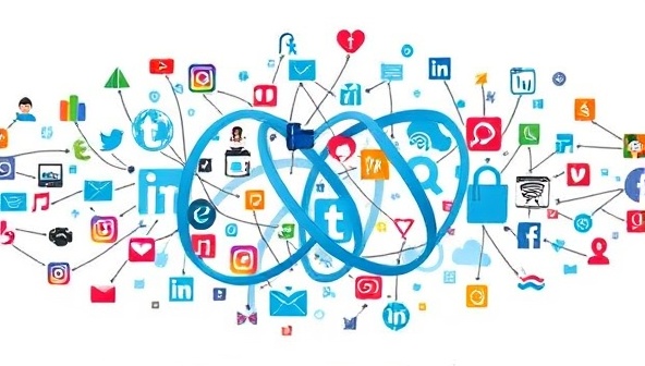 An artistic representation of intertwined social media icons and website elements forming a seamless digital connection, symbolizing the unity and synergy achieved through SocialSiteSculpt's integrated platform.