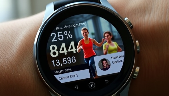 A dynamic workout scene depicted on a smartwatch display, showing a user receiving real-time coaching feedback during a high-intensity interval training session, heart rate data and calorie burn metrics visible, with motivational messages and workout animations enhancing the exercise experience, capturing the essence of FitSync's personalized fitness coaching and wearables.