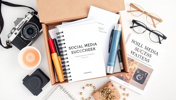An aesthetically pleasing flat lay of a subscription box filled with camera accessories, notebooks, trendy props, and a guidebook on social media success, reflecting creativity and inspiration.
