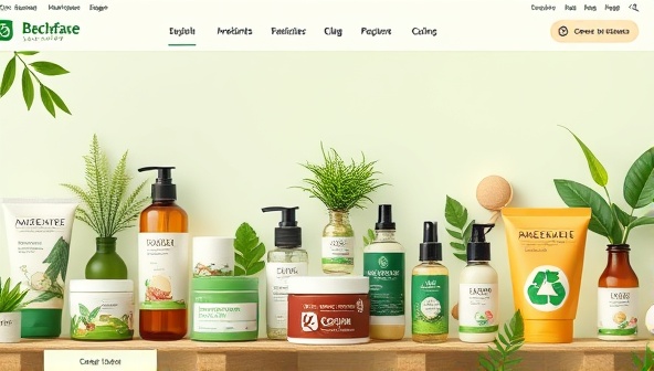 An eco-friendly and visually appealing digital marketplace interface showcasing an array of sustainable beauty products, natural ingredients, recyclable packaging, and green beauty icons, promoting a conscious and ethical shopping experience.