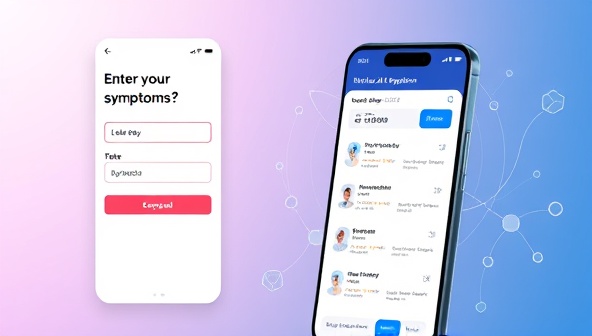 An engaging app interface showcasing a user entering symptoms, with AI algorithms processing the data in the background and generating a personalized health report, illustrating the app's functionality and user-friendly design.