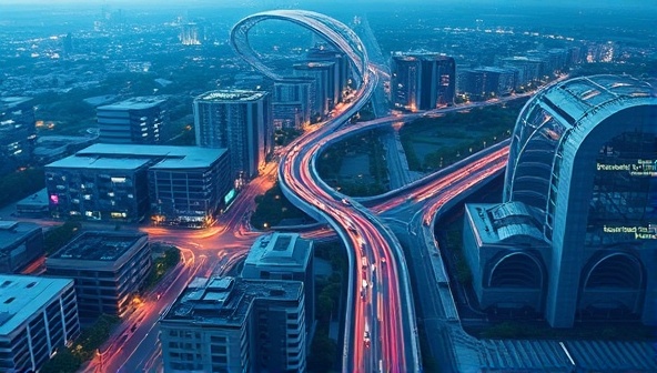 An aerial view of a futuristic cityscape with EcoUrban Technologies' smart city solutions in action, including smart streetlights, waste management systems, and traffic flow optimization tools, illustrating a sustainable and technologically advanced urban environment.