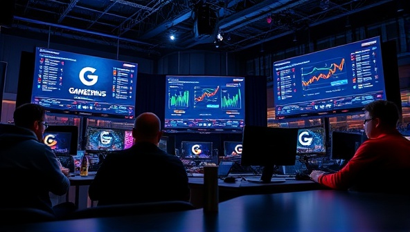 An esports arena setting with professional gamers and coaches analyzing data and strategies on digital screens, with GameGenius Analytics platform logos and performance metrics displayed, illustrating the high-tech and competitive nature of the AI-powered gaming analytics platform.