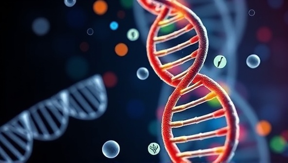 An artistic representation of DNA strands intertwining with nutrient symbols and wellness icons, symbolizing the fusion of genetics and nutrition in creating personalized supplement formulas, highlighting the uniqueness and precision of the product offerings.