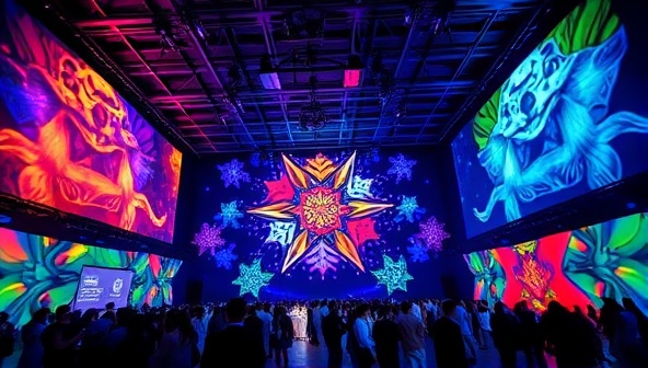 An event venue transformed by projection mapping with vibrant digital art projected onto its walls, ceilings, and floors, creating an immersive and enchanting environment for attendees, highlighting the transformative and experiential nature of live projection mapping events.