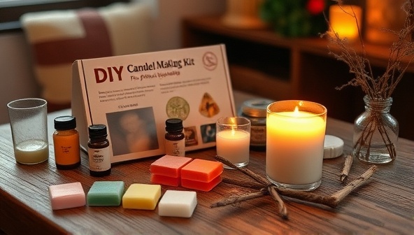 A cozy and inviting scene featuring a DIY candle making kit with various wax colors, fragrance bottles, and decorative elements laid out on a wooden table, accompanied by a lit candle showcasing the craft's final result, set against a warm and homely backdrop that evokes creativity and relaxation.