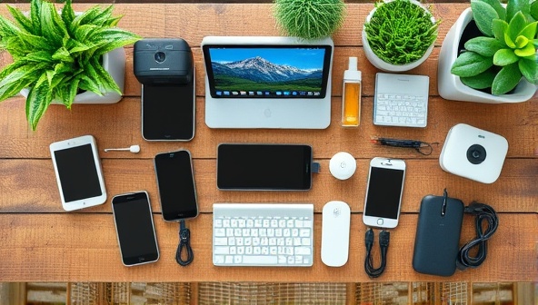 An assortment of eco-friendly tech gadgets arranged on a rustic wooden table with green plant accents, reflecting a blend of technology and sustainability in a visually appealing setting.