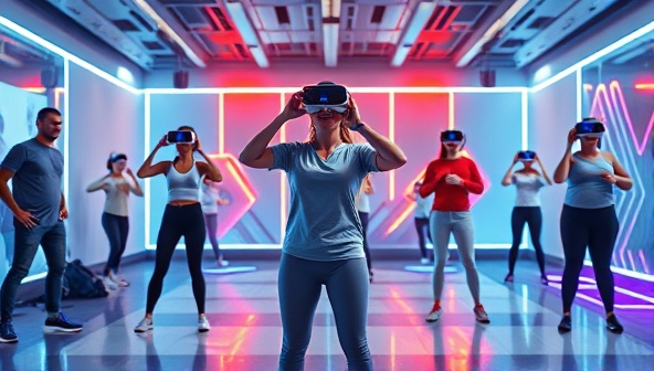 An engaging visual representation of a VR fitness class set in a futuristic virtual environment, with users wearing VR headsets and following an instructor's workout routine surrounded by digital elements, creating an immersive and interactive fitness experience.