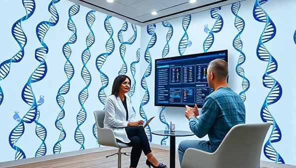 An image of a modern genetic testing consultation room with DNA helix patterns on the walls, a genetic counselor discussing personalized health insights with a client, and a digital screen displaying genetic data, illustrating a blend of science and personalized care in genetic testing services.