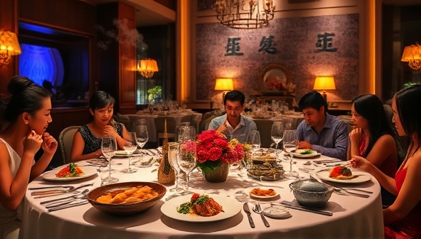 An elegant dining setup showcasing a themed SensoryFeast experience with intricate food presentations, aroma diffusers emitting fragrant scents, ambient lighting creating a cozy atmosphere, and guests engaged in a sensory journey of culinary delights, evoking a luxurious and immersive dining ambiance.