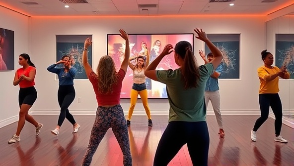 A dynamic visual representation of a virtual dance fitness class with diverse participants following the instructor's moves on screen, showcasing energy, rhythm, and joy in movement, capturing the essence of community, expression, and fitness through dance.
