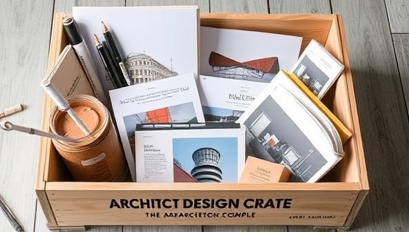 An architect's design crate featuring a selection of drafting tools, design books, inspirational prints, and architectural samples neatly arranged in a branded box, evoking creativity, discovery, and professional growth.