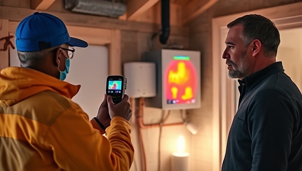 An energy auditor inspecting a home's insulation and HVAC system with a thermal camera, highlighting areas of heat loss and inefficiency, while the homeowner looks on with interest, symbolizing energy-conscious living and home improvement.
