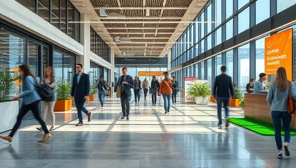An artistic representation of a bustling commercial space with EcoStep Floors installed, depicting the seamless integration of kinetic energy harvesting technology into the stylish and modern interior design, symbolizing innovation and sustainability.