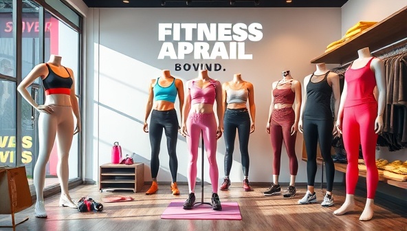 An energizing visual representation of a virtual fitness apparel boutique showcasing a variety of stylish activewear outfits on mannequins, with motivational workout quotes in the background and fitness accessories scattered around, creating a dynamic and fitness-focused atmosphere.