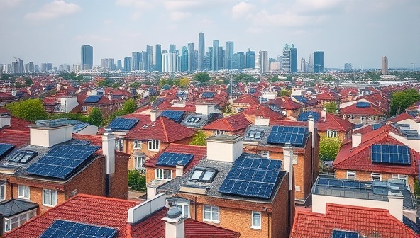 An urban community skyline with solar panels on rooftops interconnected through virtual lines, symbolizing the collective sharing of solar energy credits among residents and the harmonious integration of renewable energy into city landscapes.