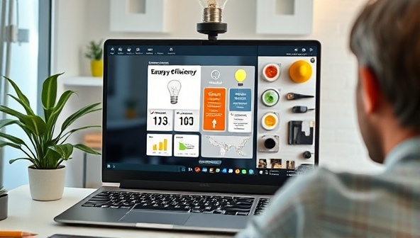 An image of a virtual energy efficiency consultancy session conducted via video call, with energy-saving tips and recommendations displayed on the screen, showing a professional consulting approach in a digital environment.