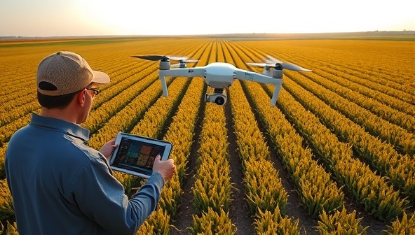 An aerial view of a vast agricultural field with a drone hovering above, capturing detailed crop images, while a farmer reviews the data on a tablet, demonstrating the efficiency and precision of drone-based crop monitoring services.