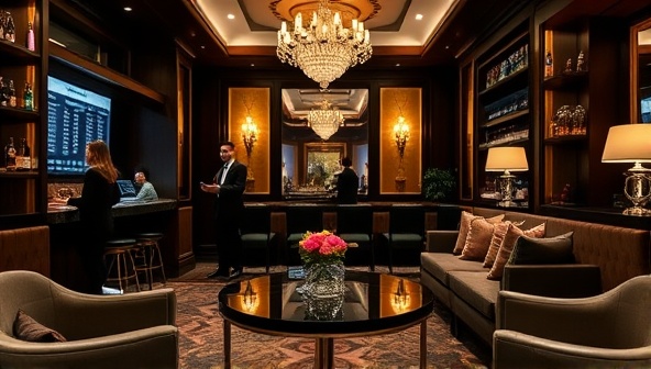 An elegant and upscale betting lounge setting with personalized concierge service staff assisting high-net-worth clients in placing bets and enjoying exclusive amenities, showcasing the luxury and tailored experience of the BetLuxe Concierge service.