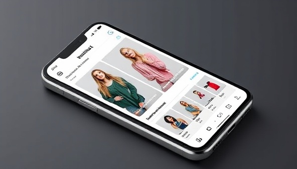 A sleek and modern smartphone displaying a virtual shopping assistant app interface with stylish clothing options, a user profile, and a fashion inspiration feed, showcasing the convenience and style expertise of the AI-powered assistant.