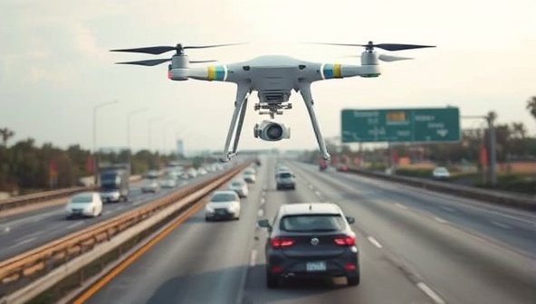 An attention-grabbing visual of a drone equipped with tools hovering above a stranded vehicle on a busy highway, showcasing the rapid response and efficiency of the SkyRescue roadside assistance service in action.