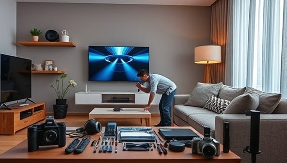 An image of a technician repairing a smart home device in a modern living room setting, surrounded by advanced tech gadgets and tools, showcasing the expertise and professionalism of the tech repair service in optimizing smart home technologies.