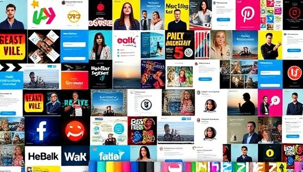 An artistic collage of vibrant social media content pieces, including graphics, videos, and posts, creatively arranged in a digital mosaic, reflecting the diverse and engaging content creation services available on ContentBlendr for businesses seeking social media marketing solutions.