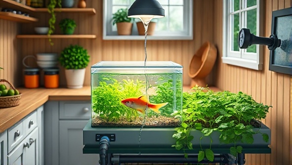 An artistic render of a compact aquaponics system in a cozy kitchen setting, featuring a small fish tank connected to lush green vegetable beds, with water flowing between the two components, symbolizing sustainability and innovation.