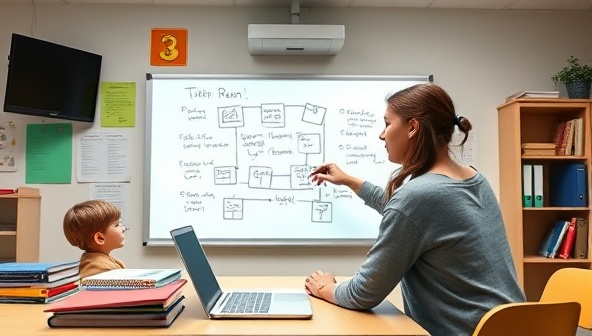 A dynamic virtual classroom setting with a tutor engaging with a student through an interactive online whiteboard, surrounded by educational materials and digital study resources, illustrating personalized learning and academic support.