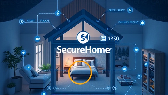 An innovative visual of a smart home environment with interconnected devices monitoring security and environmental conditions, with the SecureHome logo displayed prominently, showcasing the seamless integration of insurance and smart technology for enhanced home protection.
