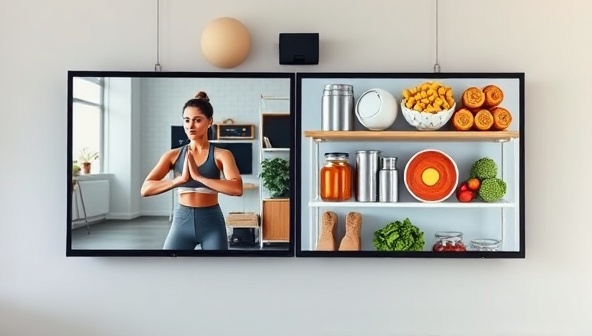 A digital screen split into two sections, one showcasing a fitness coach leading an online workout session, and the other displaying a variety of fitness equipment and healthy food options, promoting a holistic approach to virtual fitness coaching.
