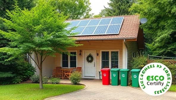 An eco-friendly house surrounded by lush greenery, solar panels on the roof, and recycling bins at the entrance, representing a sustainable and environmentally conscious property certified by EcoCertify.