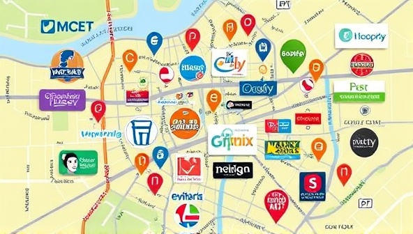 An illustrative depiction of a vibrant neighborhood map dotted with podcast icons and local business logos, symbolizing the interconnectedness of community-focused podcast advertising through NeighborPod Ads.