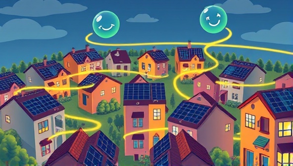 An illustration showcasing a neighborhood with colorful solar panels on rooftops, interconnected by glowing lines symbolizing energy sharing, with happy residents exchanging energy tokens and promoting a sense of community and sustainability.