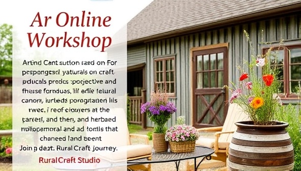 An online workshop promotion featuring a variety of hands-on craft projects with natural materials like dried flowers, herbs, and wood, set against a backdrop of a rustic farmhouse and blooming gardens, inviting participants to join the creative journey at RuralCraft Studio.