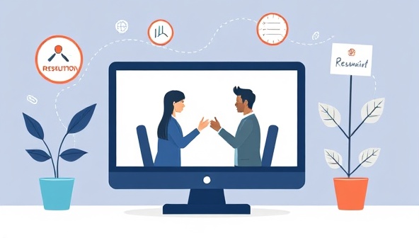An illustration of two individuals engaging in a virtual mediation session on a screen, surrounded by symbols of resolution and agreement, symbolizing the virtual dispute resolution process and peaceful conflict resolution in a digital setting.