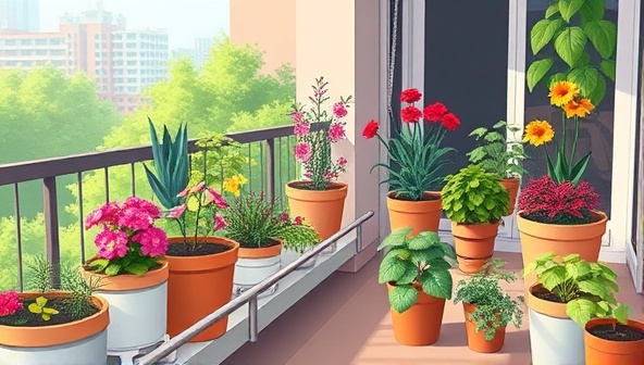 An artistic illustration of a balcony garden with vibrant plants growing in compact containers, showcasing the beauty and practicality of urban farming kits.