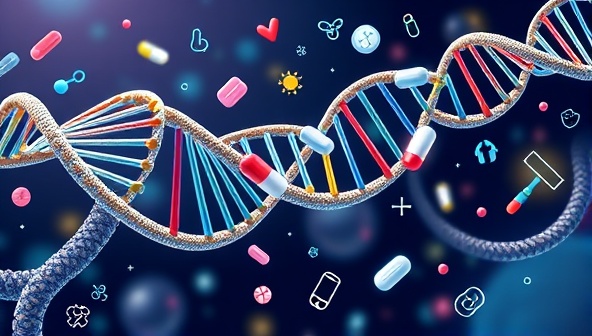 An illustration of DNA strands intertwining with pills and medical symbols, symbolizing the fusion of genetics and medicine in a cutting-edge personalized healthcare approach.