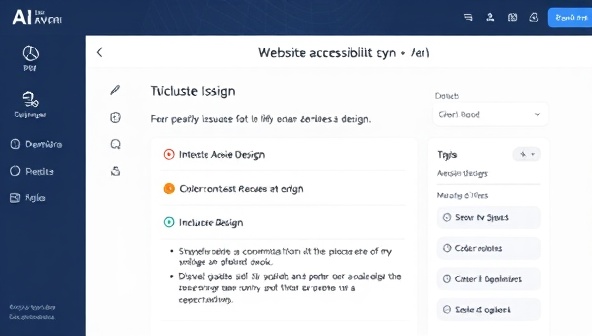 An AI-powered software interface showing a website accessibility scan in progress, highlighting potential issues and recommended fixes, with visuals representing inclusive design elements like alt text and color contrast enhancements.