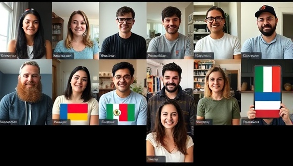 A diverse group of individuals engaging in a lively virtual language exchange session, each person with a language flag badge beside their profile, showcasing a dynamic and interactive learning environment.