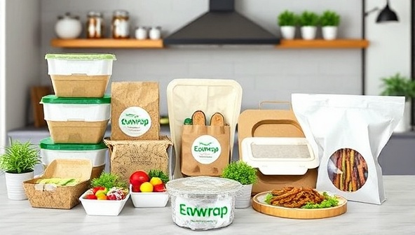 A visually appealing image of a variety of eco-friendly packaging solutions offered by EcoWrap Solutions, including compostable containers, biodegradable wraps, and reusable packaging, displayed in a modern kitchen setting with fresh ingredients and prepared meals, highlighting the sustainability and innovation of the products.