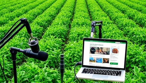 An immersive visual of a lush green field with diverse crops, accompanied by podcasting equipment and a laptop displaying the GreenFields Chronicles blog, capturing the essence of sustainable farming, knowledge sharing, and digital storytelling that defines the brand.